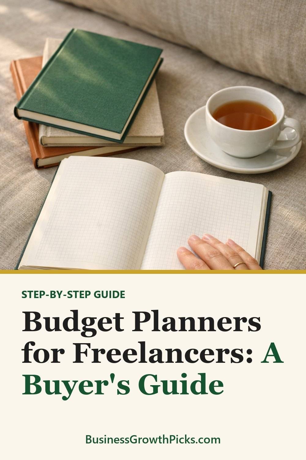 Budget Planner Buyer's Guide for Freelancers. The list includes Decide paper or digital, Check the pages, Look for space to write.